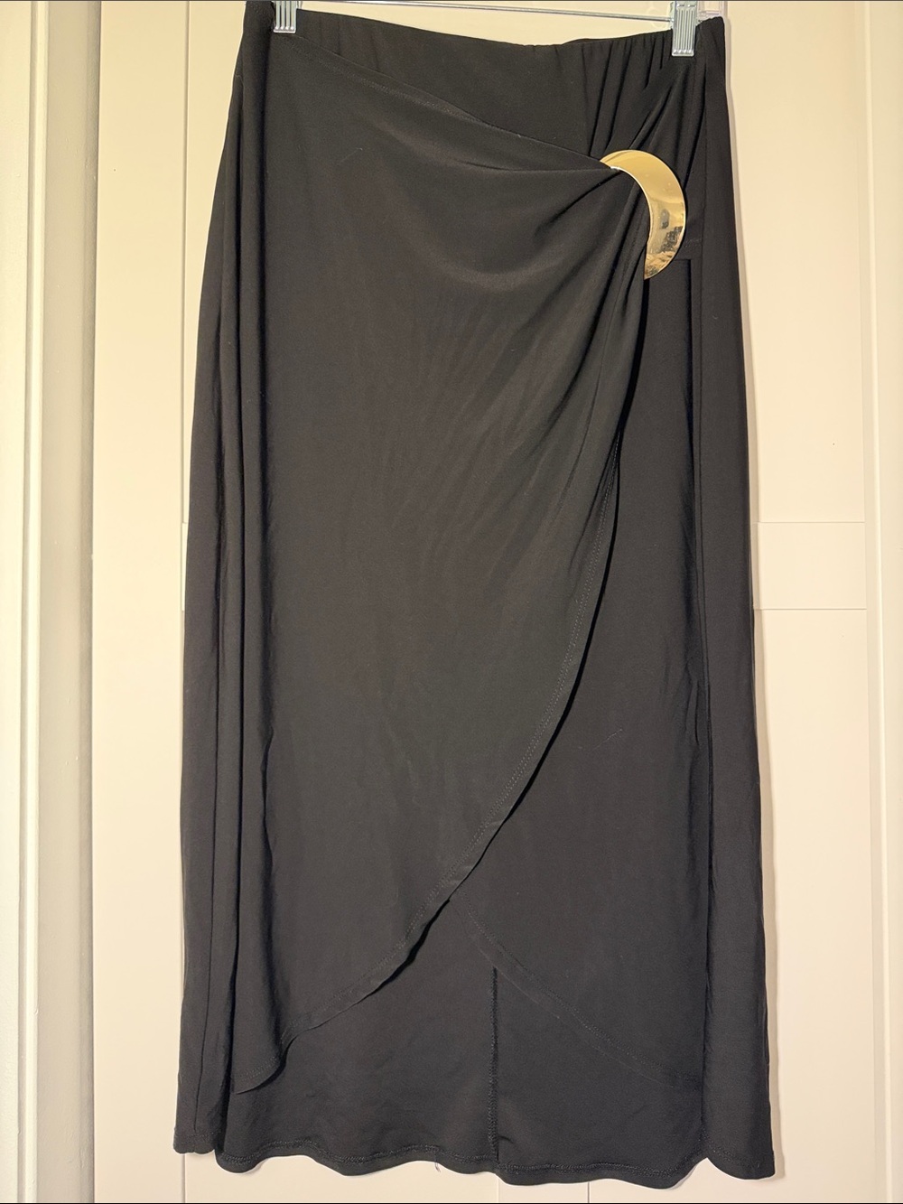 Going Out Black Maxi Wrap Skirt with Gold Crescent Accent